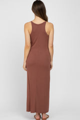 Brown Ribbed Knit Halter Neck Side Slit Maternity Maxi Dress