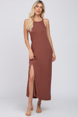 Brown Ribbed Knit Halter Neck Side Slit Maxi Dress