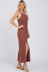 Brown Ribbed Knit Halter Neck Side Slit Maxi Dress