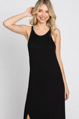 Black Ribbed Knit Halter Neck Side Slit Maxi Dress