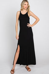 Black Ribbed Knit Halter Neck Side Slit Maxi Dress