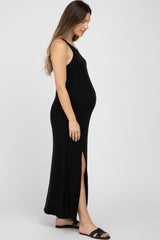 Black Ribbed Knit Halter Neck Side Slit Maternity Maxi Dress