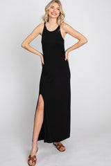 Black Ribbed Knit Halter Neck Side Slit Maternity Maxi Dress