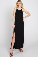 Black Ribbed Knit Halter Neck Side Slit Maxi Dress