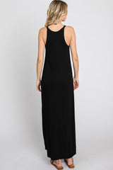 Black Ribbed Knit Halter Neck Side Slit Maxi Dress