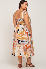 Multi-Colored Brush Stroke Printed Tie Strap Smocked Plus Midi Dress