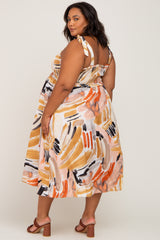 Multi-Colored Brush Stroke Printed Tie Strap Smocked Maternity Plus Midi Dress