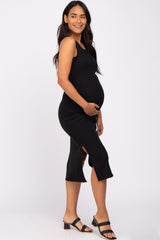 Black Sleeveless Ribbed Maternity Midi Dress