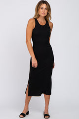 Black Sleeveless Ribbed Maternity Midi Dress