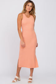 Peach Sleeveless Ribbed Midi Dress