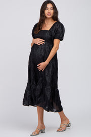 Black Textured Floral Puff Sleeve Maternity Dress