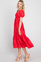 Red Textured Floral Puff Sleeve Dress