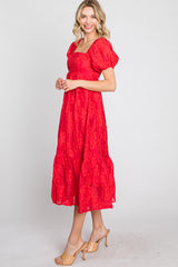 Red Textured Floral Puff Sleeve Dress