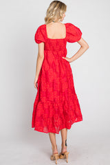 Red Textured Floral Puff Sleeve Dress