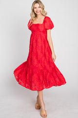 Red Textured Floral Puff Sleeve Dress