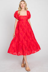 Red Textured Floral Puff Sleeve Dress