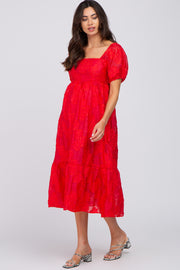 Red Textured Floral Puff Sleeve Maternity Dress