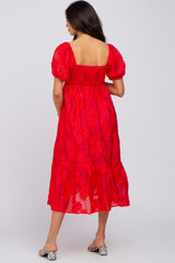 Red Textured Floral Puff Sleeve Maternity Dress