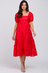 Red Textured Floral Puff Sleeve Maternity Dress