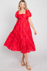 Red Textured Floral Puff Sleeve Dress