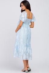 Light Blue Textured Floral Puff Sleeve Maternity Dress