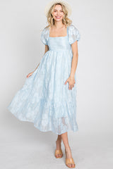 Light Blue Textured Floral Puff Sleeve Maternity Dress