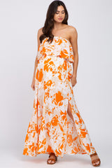 Orange Floral Flounce Strapless Maternity Maxi Dress