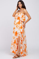 Orange Floral Flounce Strapless Maternity Maxi Dress