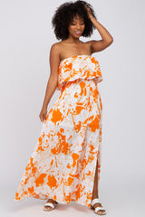 Orange Floral Flounce Strapless Maxi Dress