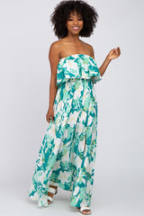 Green Floral Flounce Strapless Maxi Dress