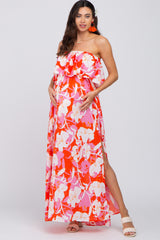 Pink Floral Flounce Strapless Maternity Maxi Dress