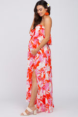 Pink Floral Flounce Strapless Maternity Maxi Dress