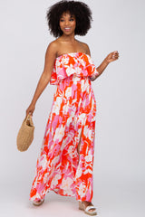 Pink Floral Flounce Strapless Maternity Maxi Dress