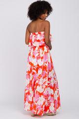 Pink Floral Flounce Strapless Maxi Dress