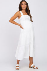 White Ruched Tiered Maternity Midi Dress