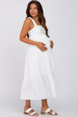 White Ruched Tiered Maternity Midi Dress