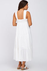 White Ruched Tiered Maternity Midi Dress