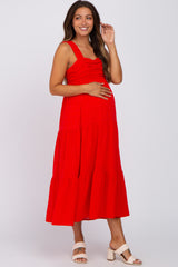 Red Ruched Tiered Maternity Midi Dress