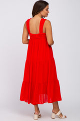 Red Ruched Tiered Maternity Midi Dress