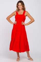 Red Ruched Tiered Maternity Midi Dress