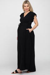 Black Wrap Front Ruffle Sleeve Maternity Maxi Dress