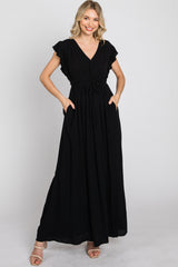 Black Wrap Front Ruffle Sleeve Maternity Maxi Dress