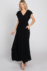 Black Wrap Front Ruffle Sleeve Maxi Dress