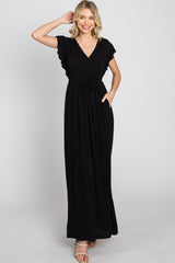 Black Wrap Front Ruffle Sleeve Maxi Dress