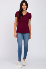 Burgundy V-Neck Short Sleeve Top