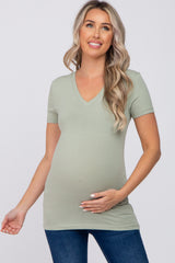 Light Olive V-Neck Short Sleeve Maternity Top