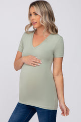 Light Olive V-Neck Short Sleeve Maternity Top