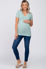 Mint Green V-Neck Short Sleeve Maternity Top