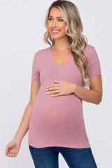 Mauve V-Neck Short Sleeve Maternity Top