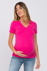 Fuchsia V-Neck Short Sleeve Maternity Top